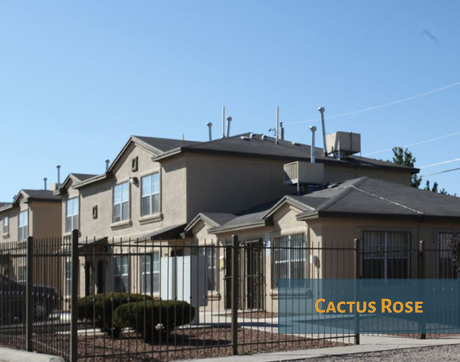 A row of houses with the text Cactus Rose on the fence.