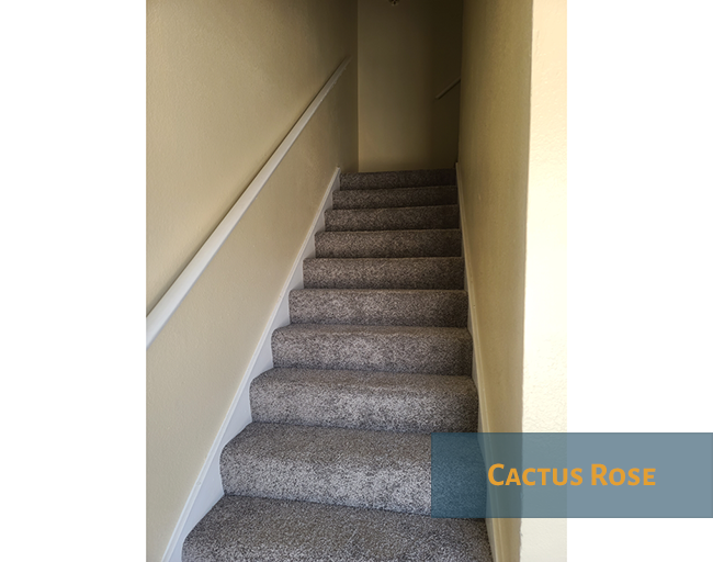 A staircase with a carpeted runner and a text overlay that reads "CACTUS ROSE".