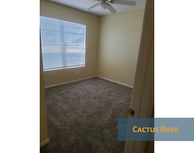 A room with a carpet floor and a ceiling fan.