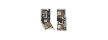 Two floor plans of a house with a living room, kitchen, and bathroom.