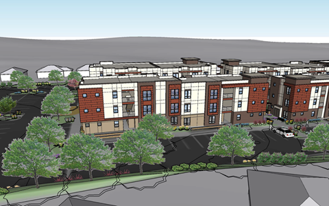 a rendering of an apartment building with trees in front of it