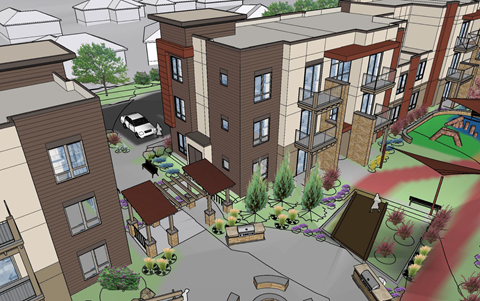 a rendering of a building with apartments and a courtyard