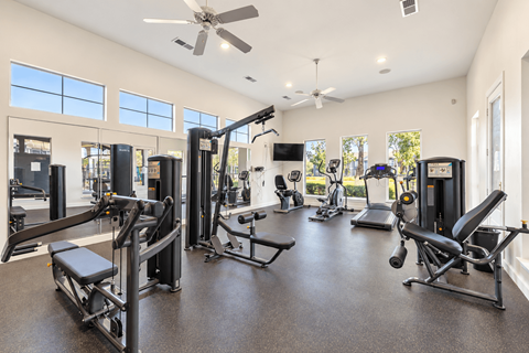 A spacious home gym with a variety of exercise equipment.