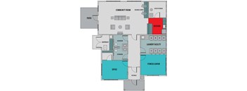 A floor plan of a house with a kitchen, laundry facility, fitness center, and office.