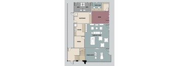 A floor plan of an apartment with a kitchen, two bathrooms, an office, storage, a fitness center, and a community room.