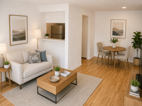 A living room with a white couch, a coffee table, and a dining table with chairs.