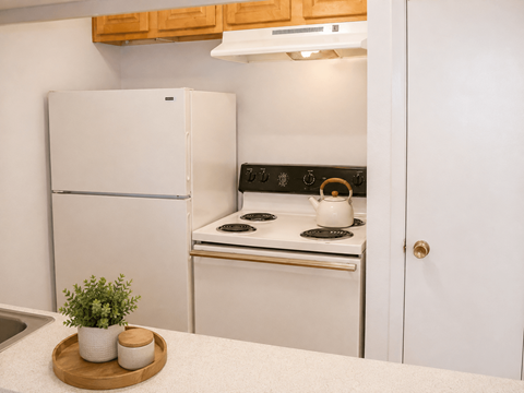 A white refrigerator and stove in a kitchen.