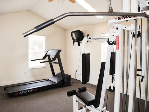 A home gym with a treadmill, weights, and exercise equipment.