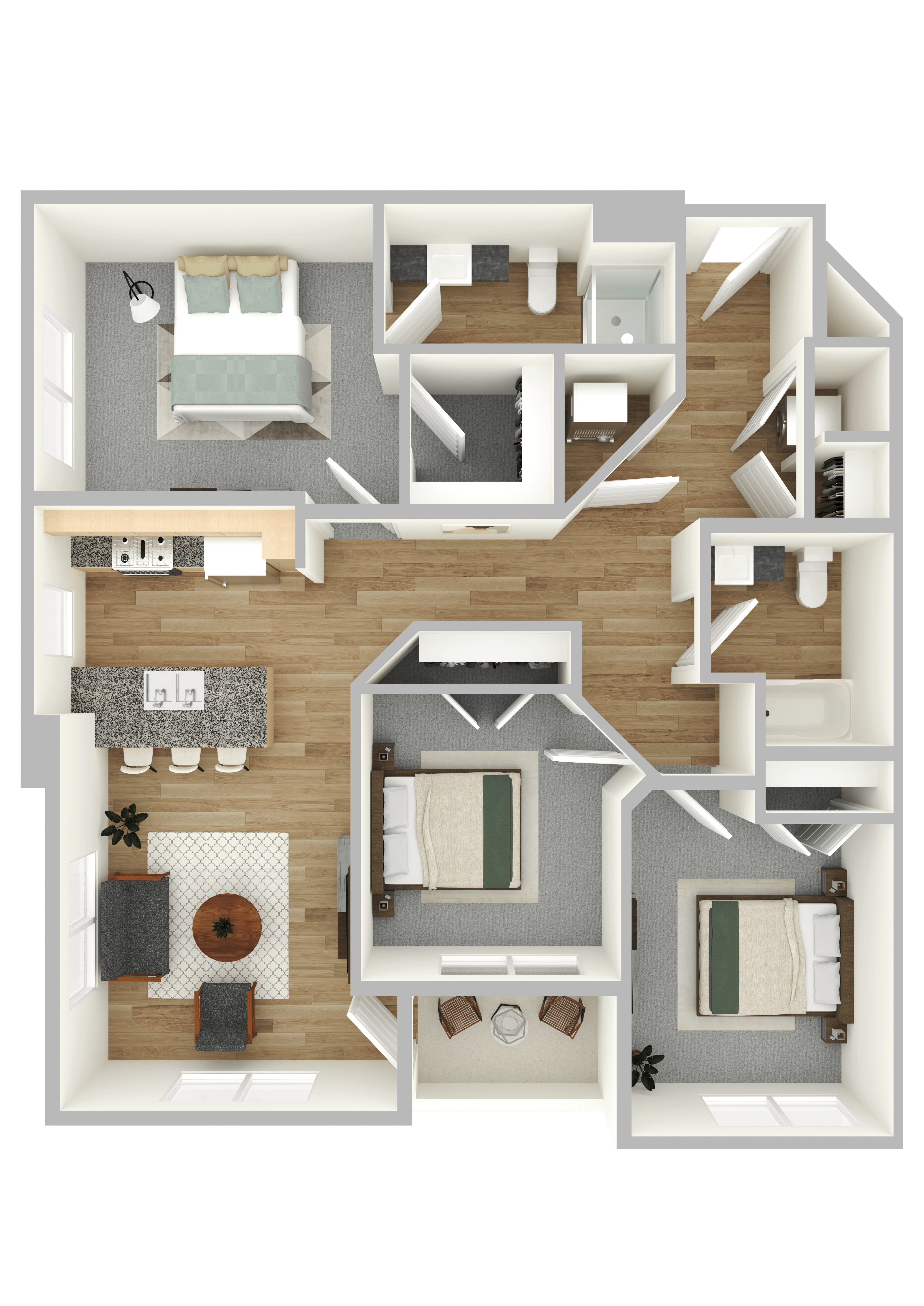 A 3D floor plan of a house with multiple rooms and furniture.