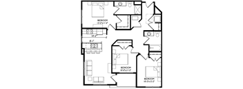A black and white image of a floor plan for a house with three bedrooms.