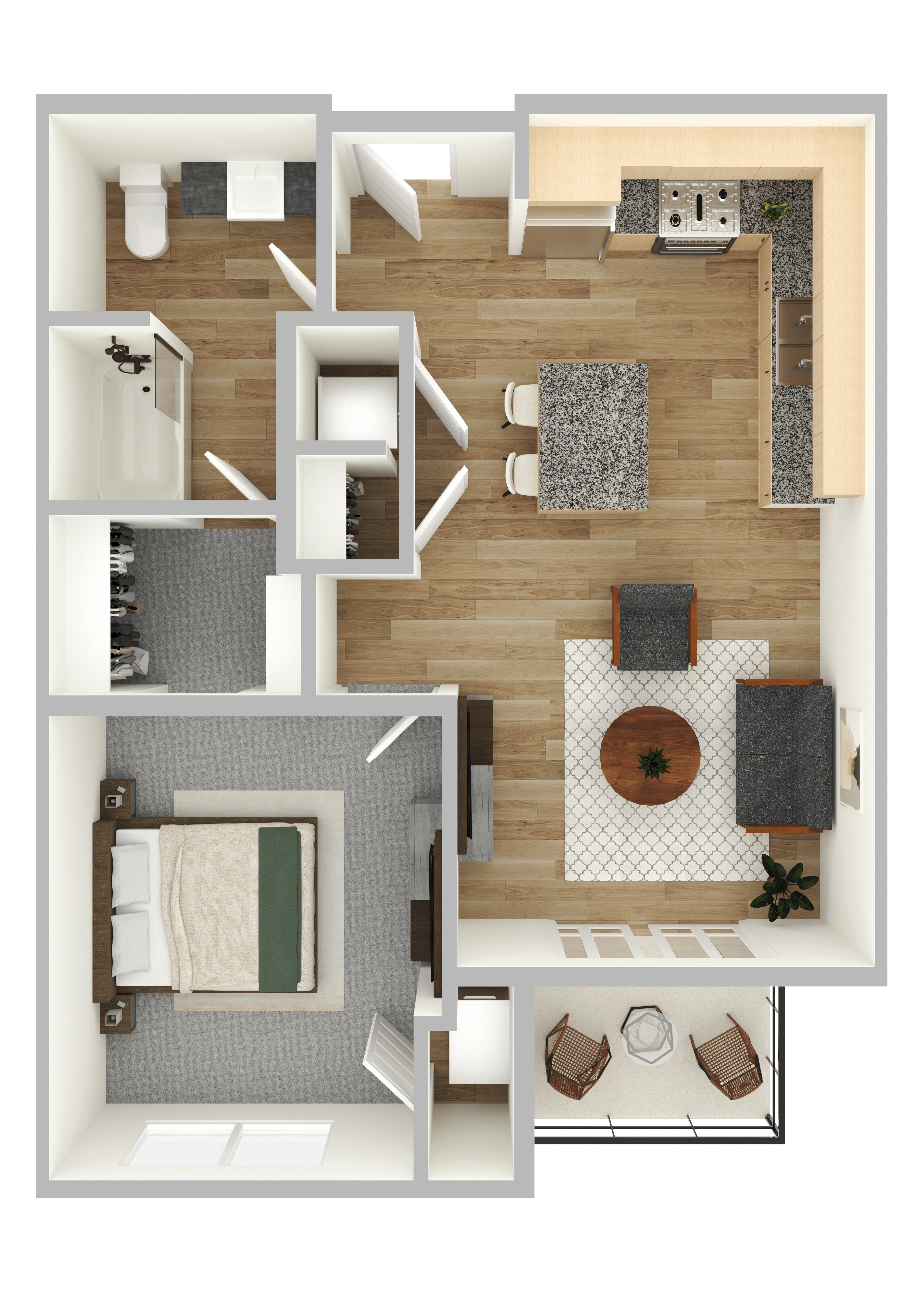 A top-down view of a small apartment with a kitchen, living room, and bedroom.