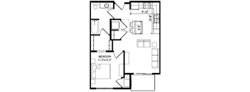 A black and white image of a floor plan for a small apartment.