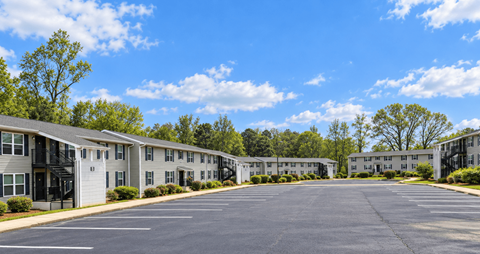 A parking lot in front of a building with a clear blue sky above.