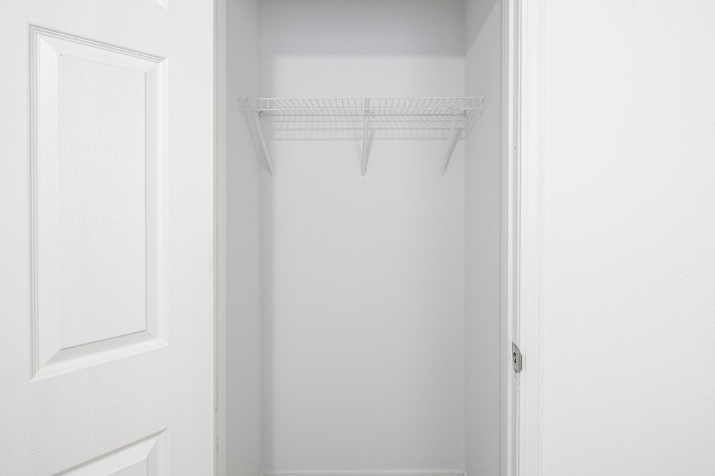 A white closet with a door and a shelf.