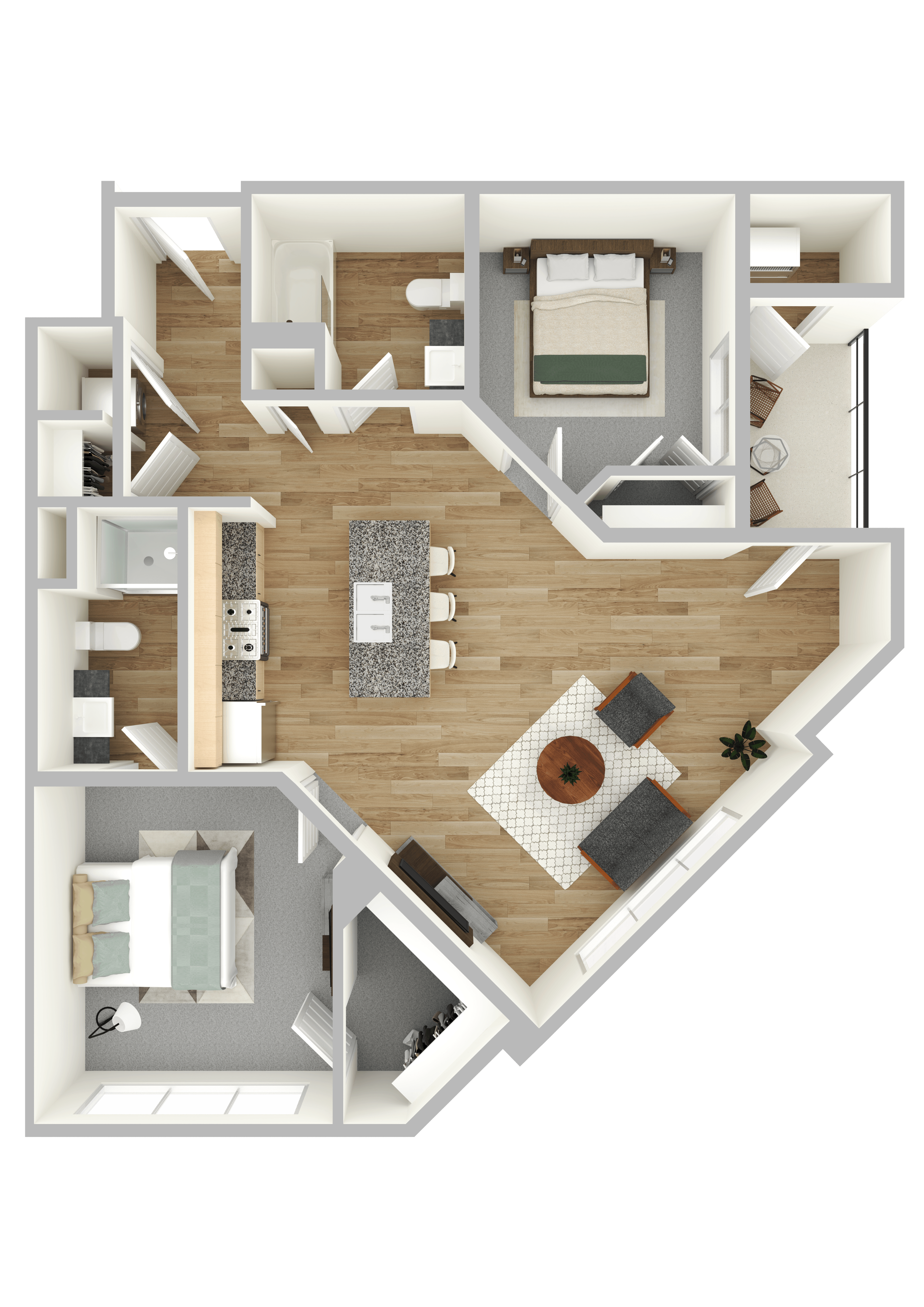 A top-down view of a house layout with a central living area, two bedrooms, a kitchen, and a bathroom.