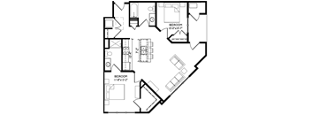A black and white image of a floor plan for a home with two bedrooms.