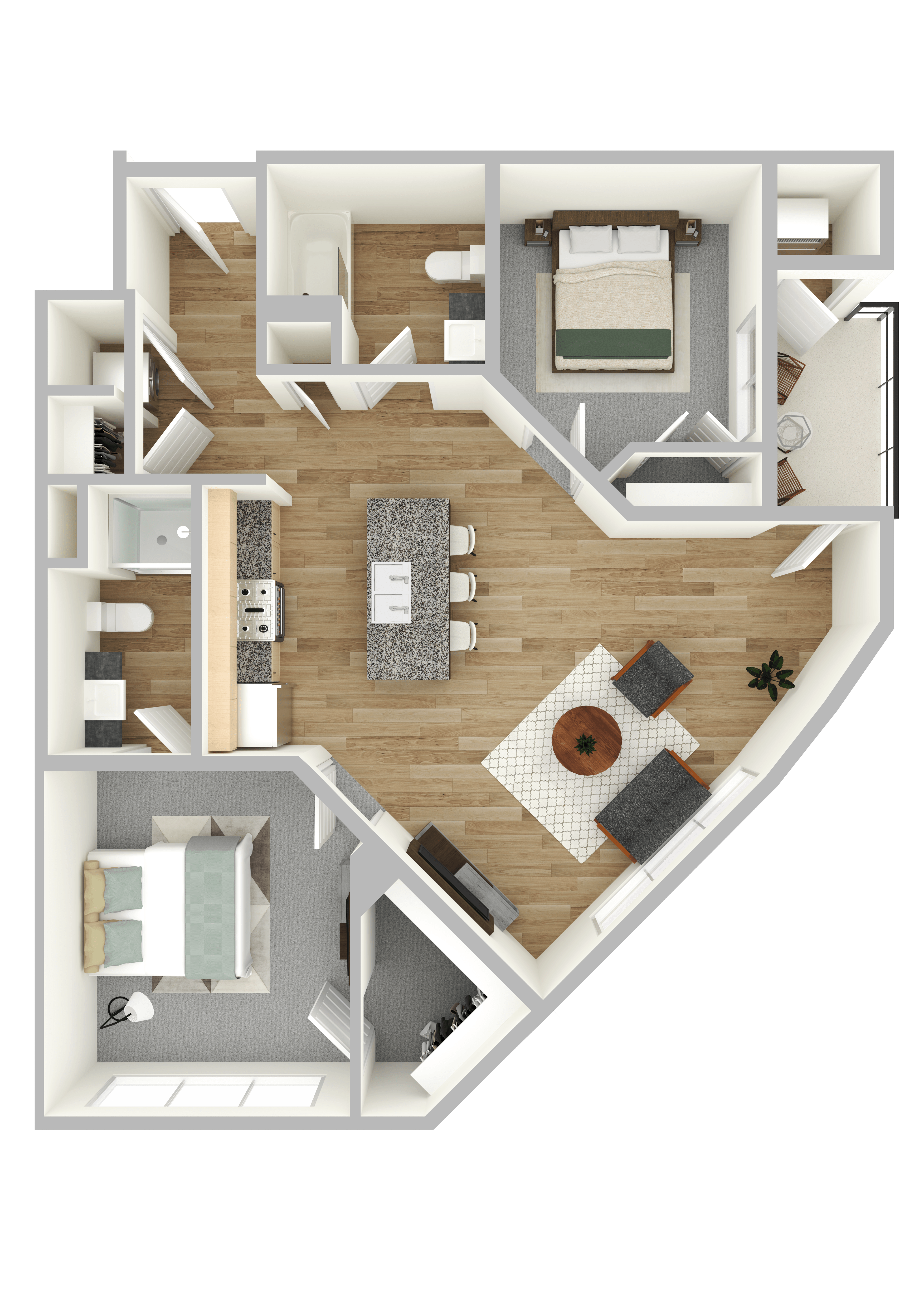 A top-down view of a house layout with a kitchen, living room, dining area, and bedrooms.