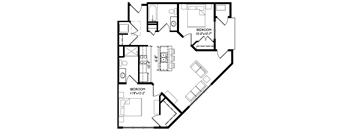 A black and white image of a floor plan for a house with two bedrooms.