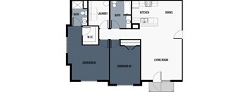 A floor plan of a house with two bedrooms, a living room, a kitchen, a dining area, a laundry room, and a bathroom.
