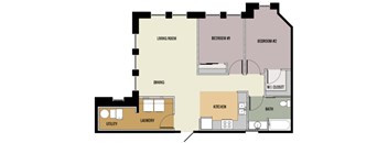 A floor plan of a house with a living room, two bedrooms, a kitchen, a bath, a laundry area, and a utility space.