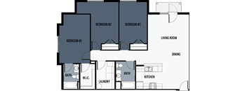 A floor plan of a house with three bedrooms, a laundry room, a kitchen, a dining room, and two bathrooms.