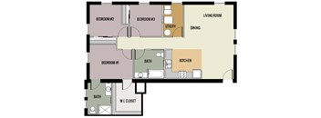 A floor plan of a house with three bedrooms, a living room, a dining area, a kitchen, a bathroom, and a walk-in closet.