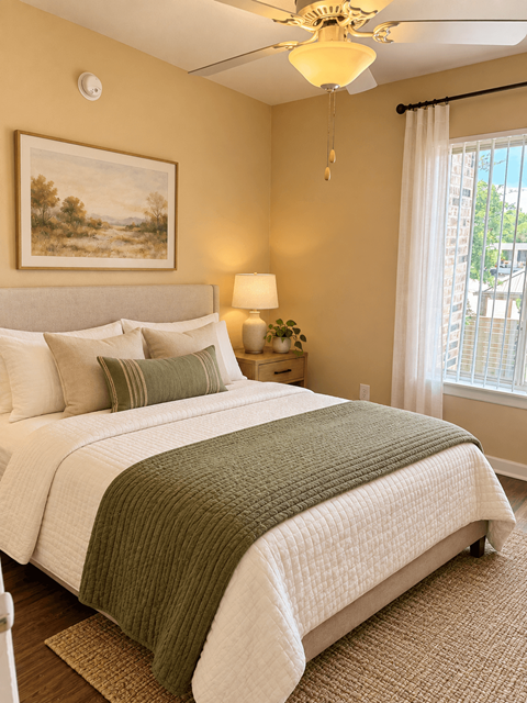 A bedroom with a large bed and a painting on the wall.