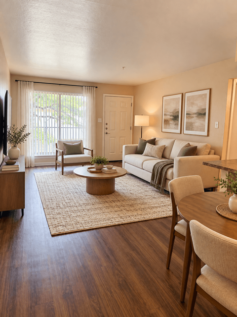 A living room with a couch, chair, and coffee table.