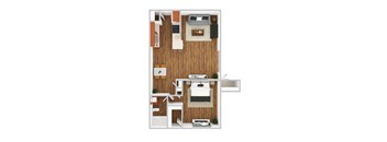 A top down view of a small apartment with a bedroom, living room, and kitchen.