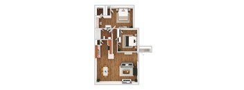 A top-down view of a room with a kitchen, living room, and bathroom.