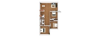 A top down view of a small apartment with a kitchen, living room, and bathroom.