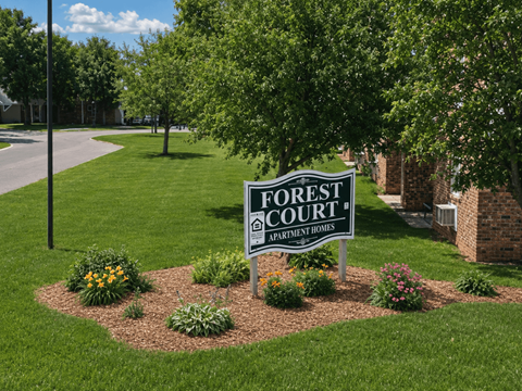 A sign for Forest Court Apartment Homes is in the foreground of a grassy area.