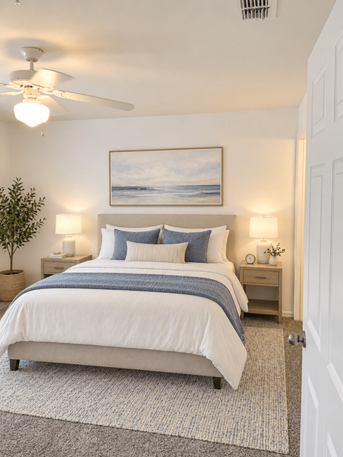 A bedroom with a large bed and a ceiling fan.