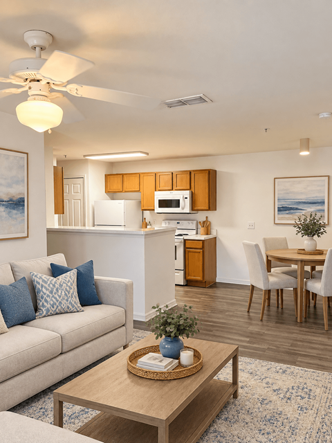 A living room with a couch, coffee table, and a kitchen area in the background.