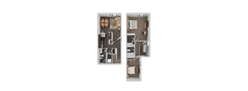 A floor plan of a two-bedroom apartment with a living room, kitchen, and bathroom.