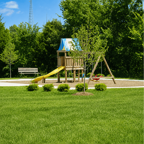 A playground with a yellow slide and a blue roof.