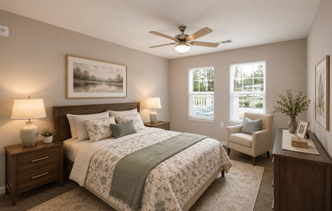 A bedroom with a large bed and a ceiling fan.