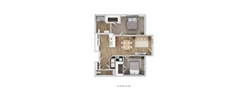 A floor plan of a small apartment with a kitchen, living room, and bedroom.