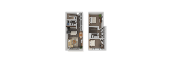 A floor plan of a two-bedroom apartment with a living room, kitchen, and bathroom.