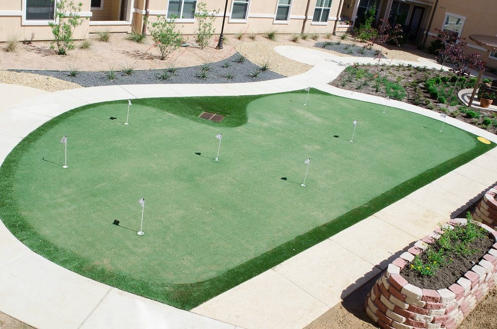 A small putting green in a backyard.