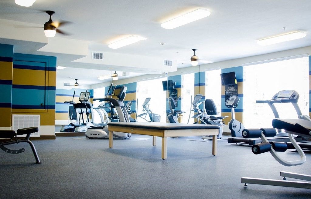 A gym with a variety of equipment including treadmills, weights, and a bench.
