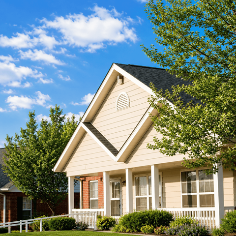 A house with a white porch and a red brick chimney.