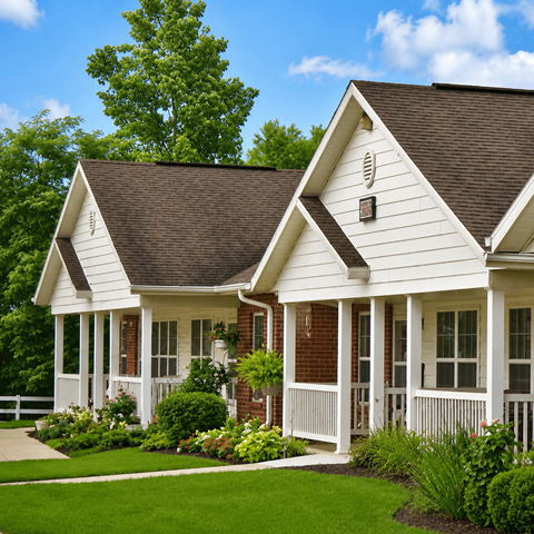 A white house with a brown roof and a porch.
