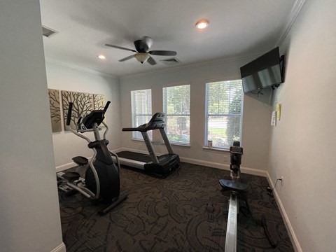a home gym with exercise equipment and a ceiling fan