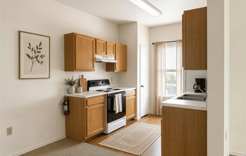 A kitchen with wooden cabinets and a rug on the floor.