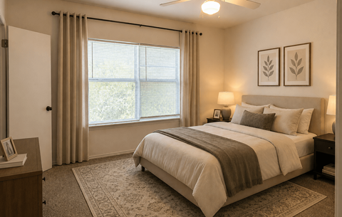 A bedroom with a large bed and a window with blinds.