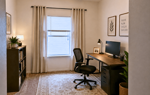 A room with a desk, chair, and a window with curtains.
