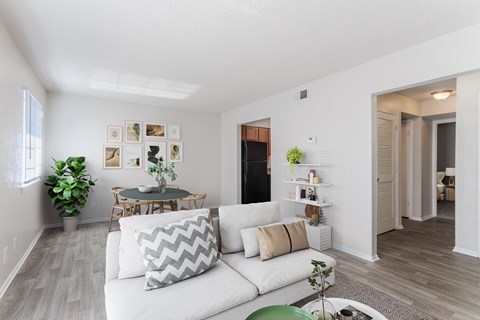 A living room with a white couch and a grey and white pillow.