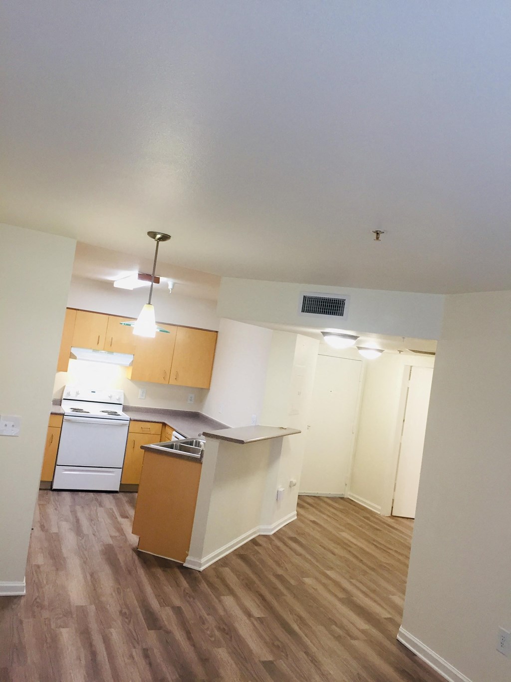 a kitchen with white appliances and wood flooring in an empty apartment
