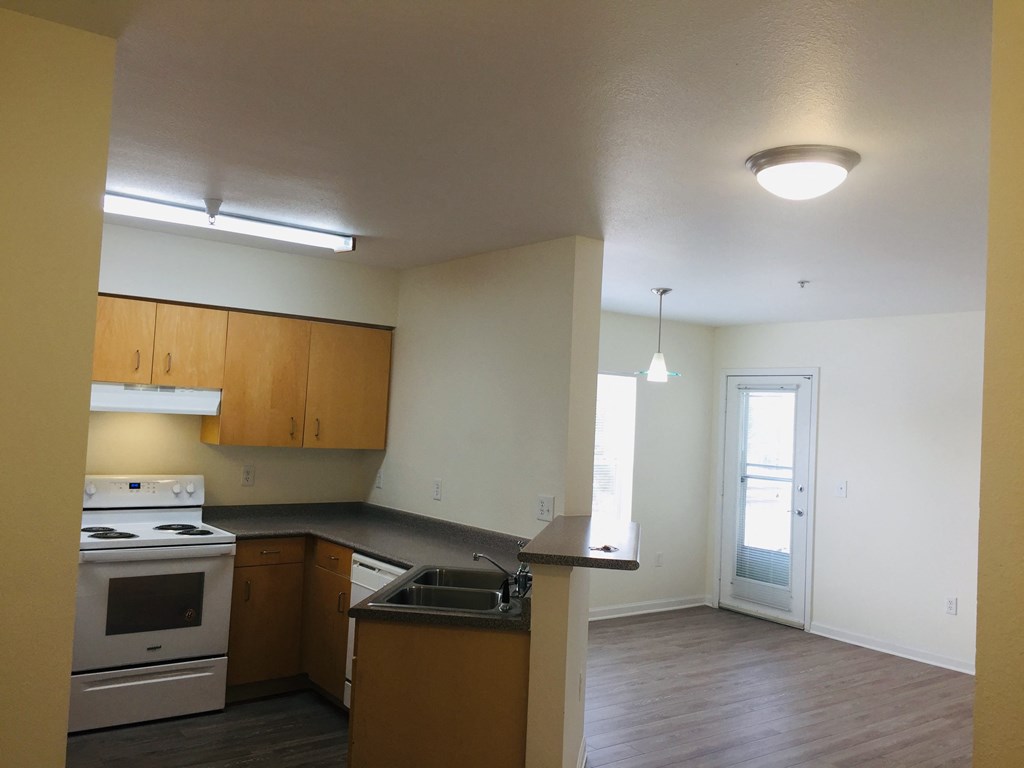 an empty kitchen with a stove and a sink